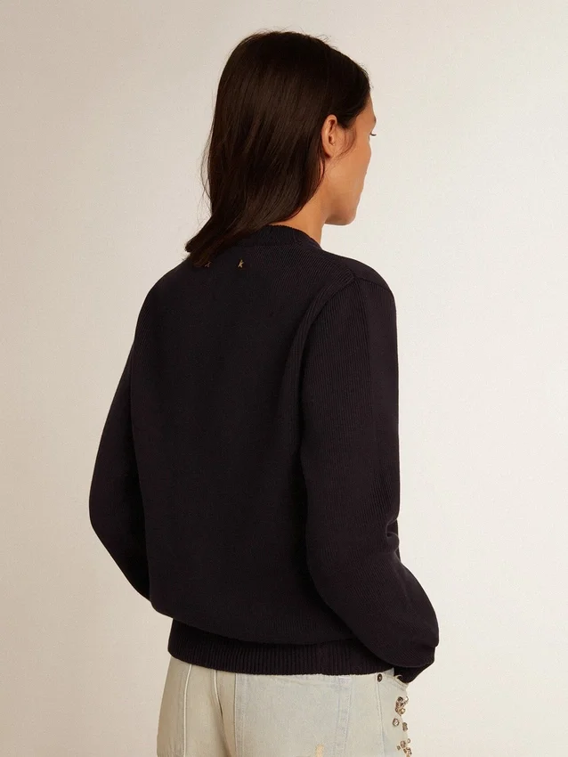 Pull à col rond pour femme en coton bleu foncé