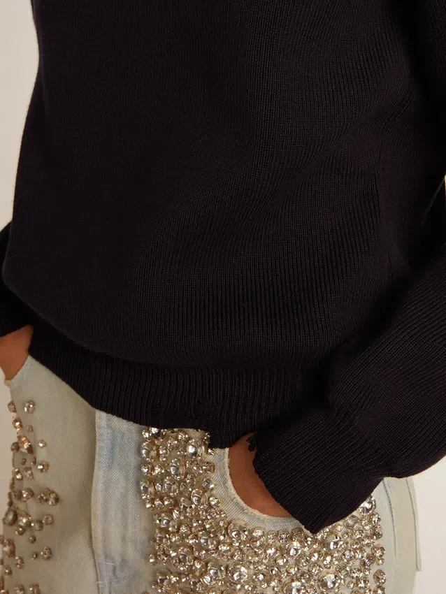 Pull à col rond pour femme en coton bleu foncé