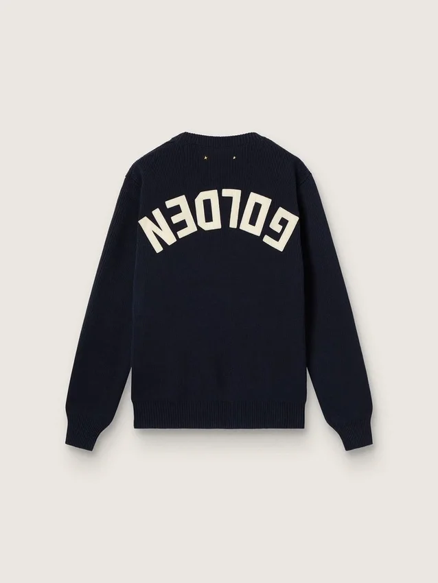 Pull à col rond pour femme en coton bleu foncé avec logo dans le dos