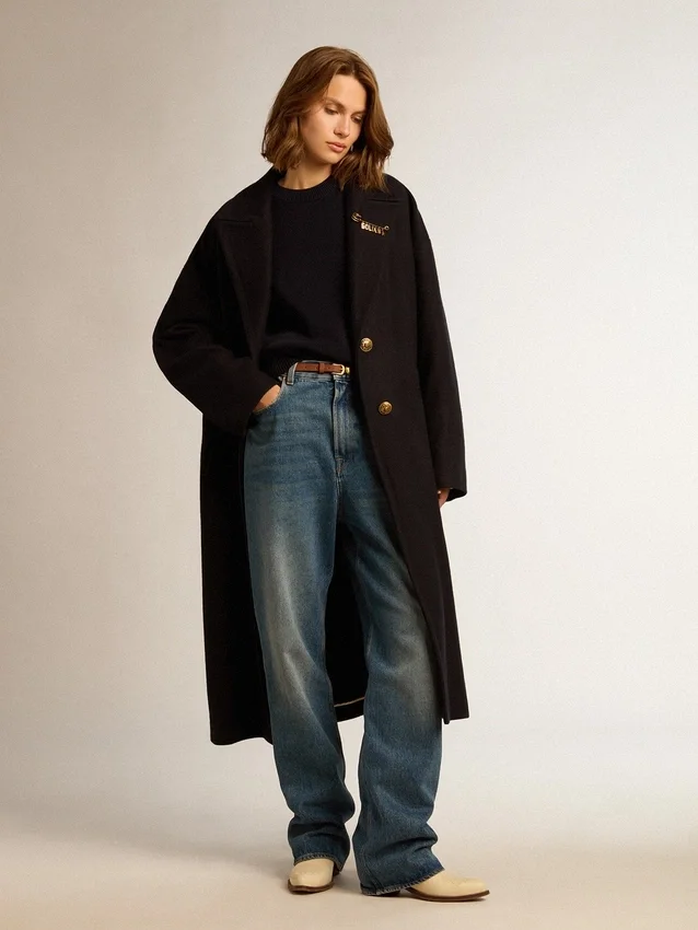 Pull à col rond pour femme en coton bleu foncé avec logo dans le dos
