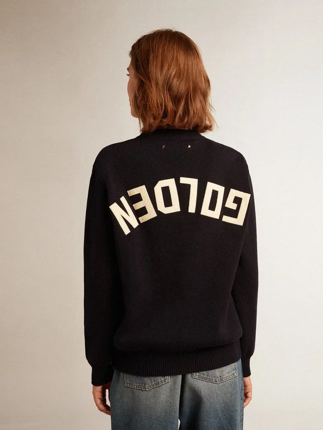 Pull à col rond pour femme en coton bleu foncé avec logo dans le dos