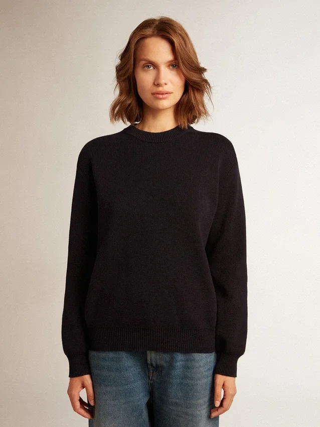 Pull à col rond pour femme en coton bleu foncé avec logo dans le dos