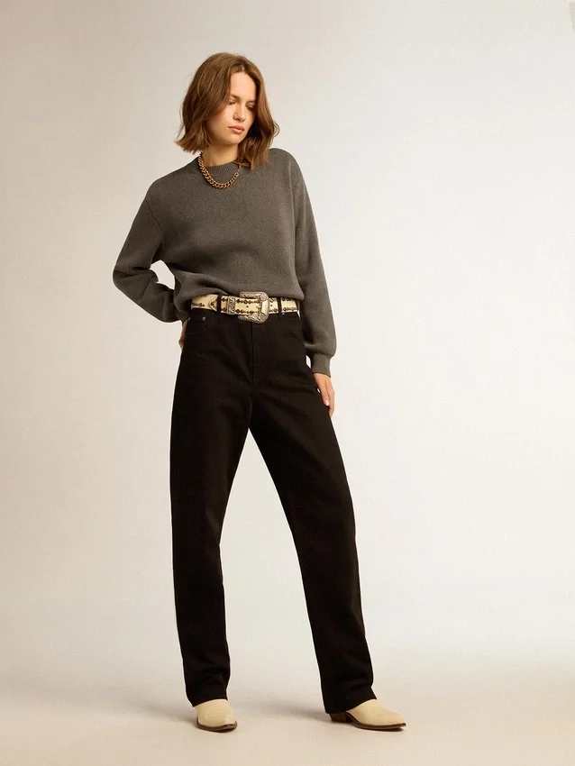 Pull à col rond pour femme en coton gris foncé avec logo dans le dos