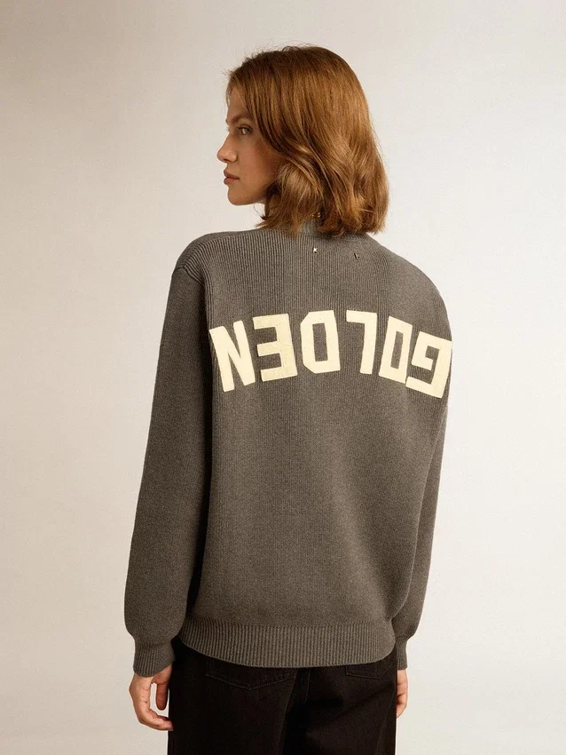 Pull à col rond pour femme en coton gris foncé avec logo dans le dos