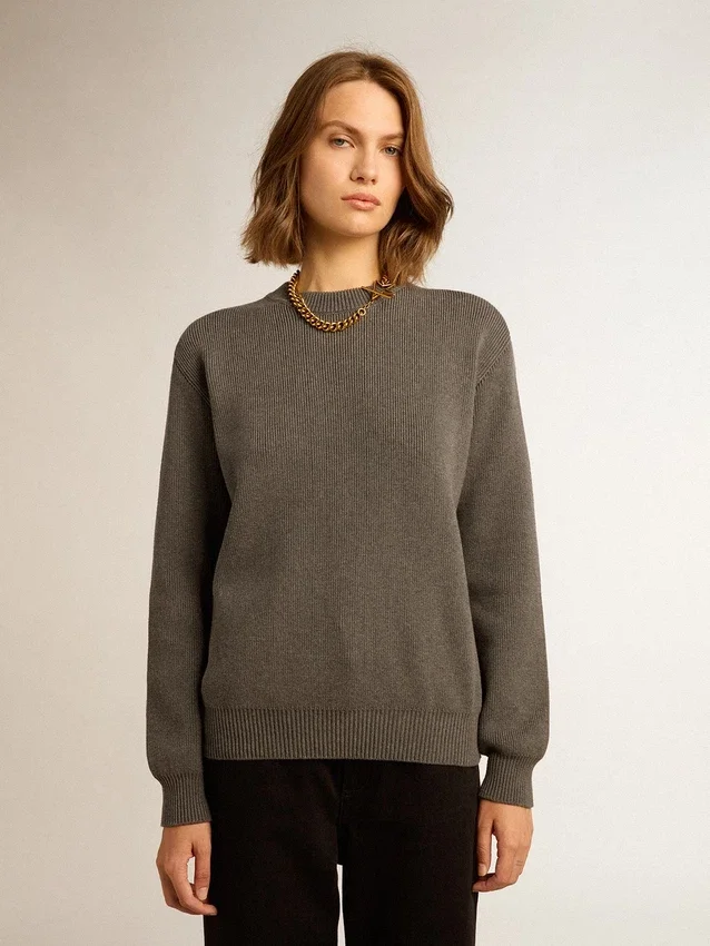 Pull à col rond pour femme en coton gris foncé avec logo dans le dos