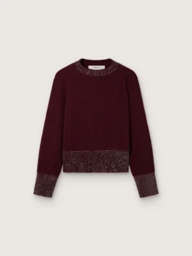 Pull à col rond pour femme en laine bordeaux avec broderie en strass