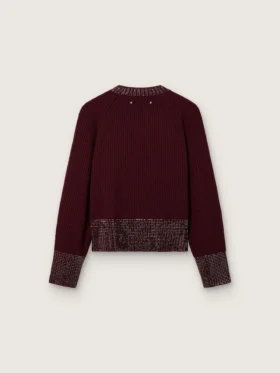 Pull à col rond pour femme en laine bordeaux avec broderie en strass