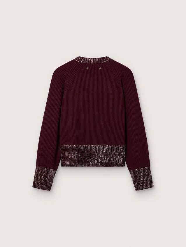 Pull à col rond pour femme en laine bordeaux avec broderie en strass