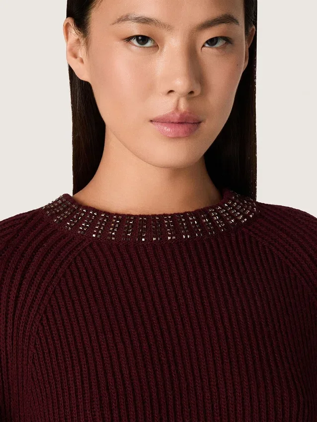 Pull à col rond pour femme en laine bordeaux avec broderie en strass