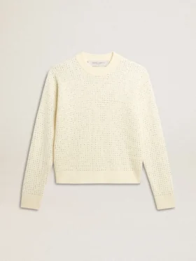 Pull à col rond pour femme en laine mérinos blanche entièrement recouvert de cristaux