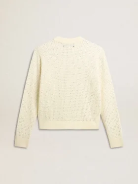 Pull à col rond pour femme en laine mérinos blanche entièrement recouvert de cristaux