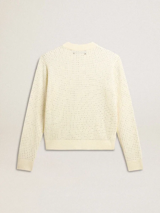 Pull à col rond pour femme en laine mérinos blanche entièrement recouvert de cristaux