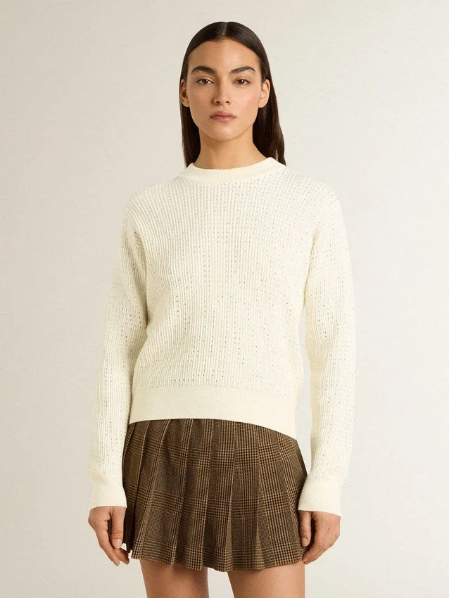 Pull à col rond pour femme en laine mérinos blanche entièrement recouvert de cristaux