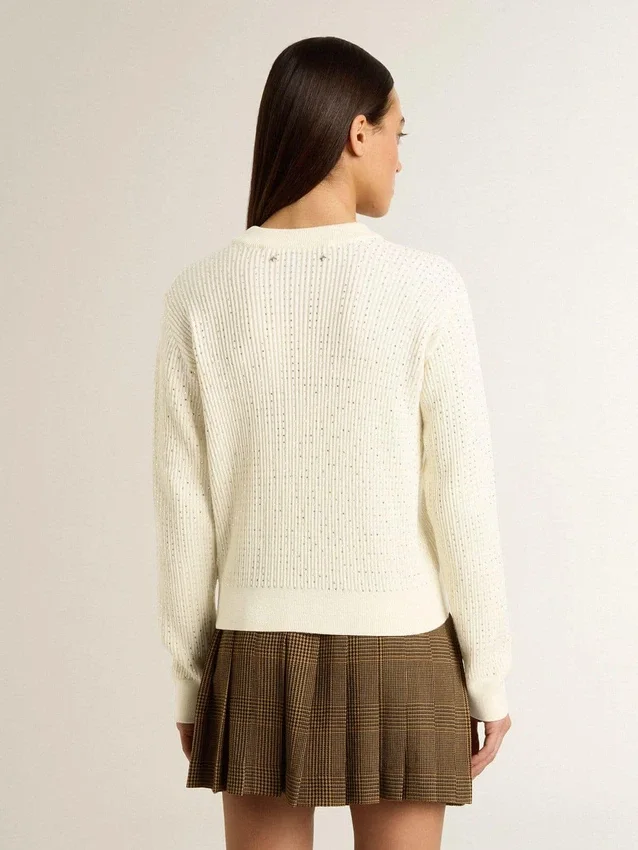Pull à col rond pour femme en laine mérinos blanche entièrement recouvert de cristaux