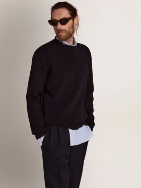Pull à col rond pour homme en coton bleu foncé