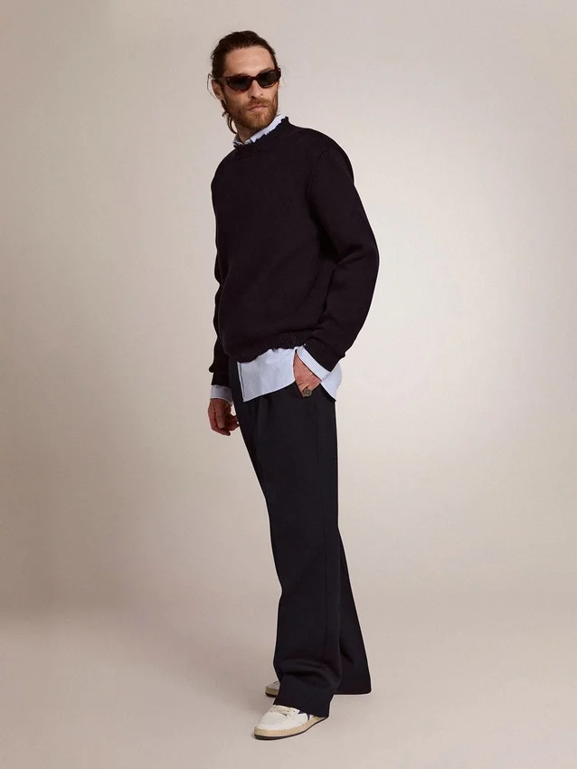 Pull à col rond pour homme en coton bleu foncé