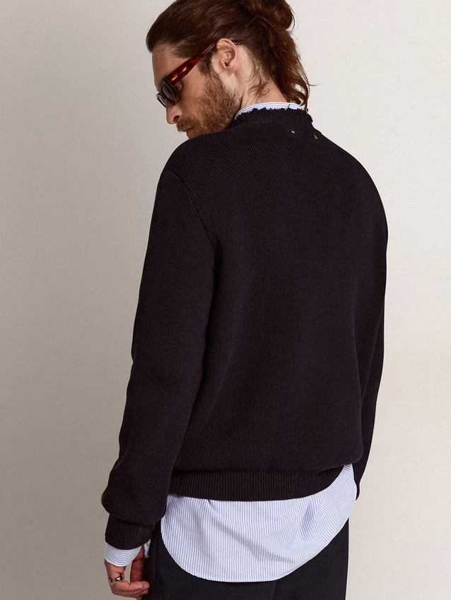 Pull à col rond pour homme en coton bleu foncé