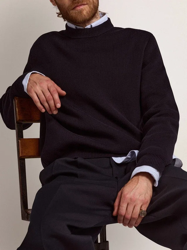 Pull à col rond pour homme en coton bleu foncé avec logo