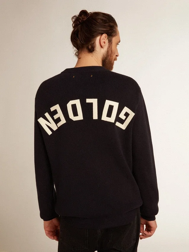 Pull à col rond pour homme en coton bleu foncé avec logo
