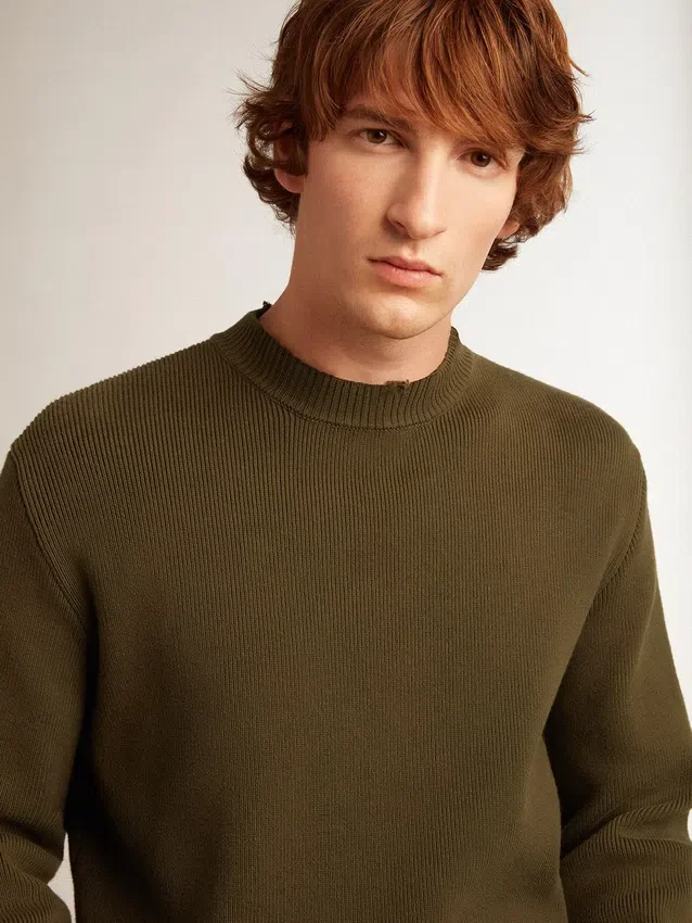 Pull à col rond pour homme en coton vert militaire