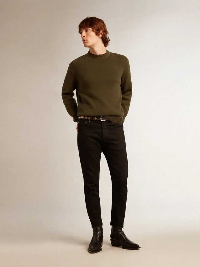 Pull à col rond pour homme en coton vert militaire