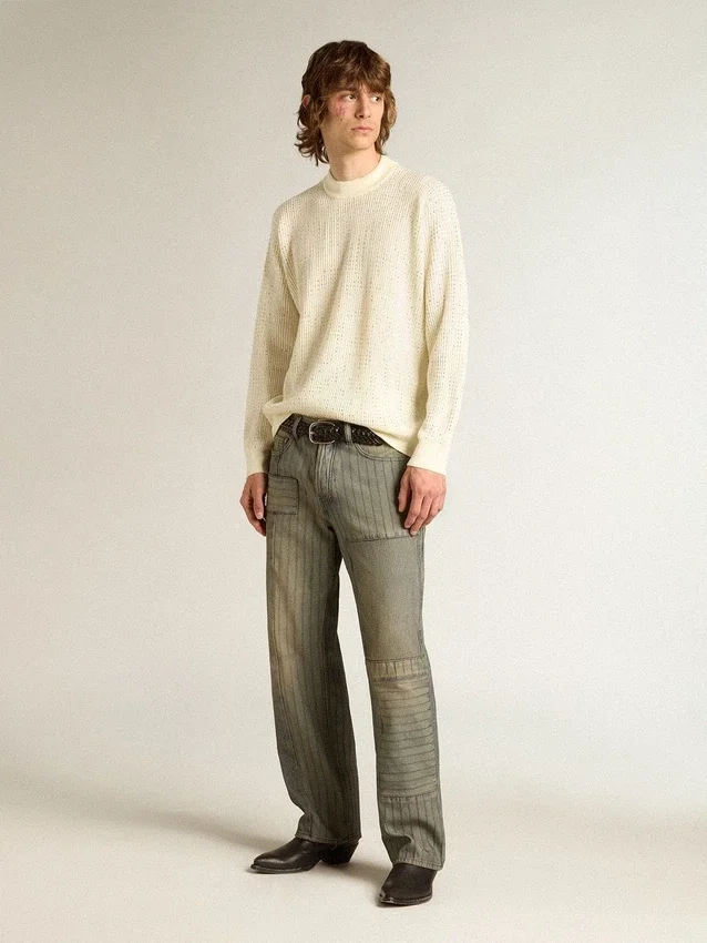 Pull à col rond pour homme en laine mérinos blanche entièrement recouvert de cristaux