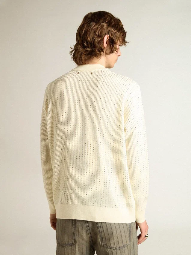 Pull à col rond pour homme en laine mérinos blanche entièrement recouvert de cristaux