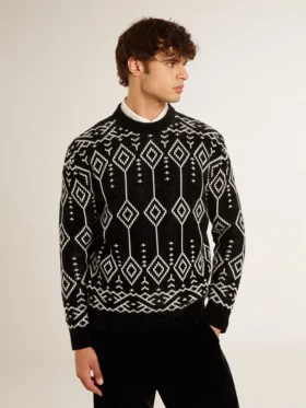 Pull à col rond pour homme en mélange de laine avec motif argyle jacquard
