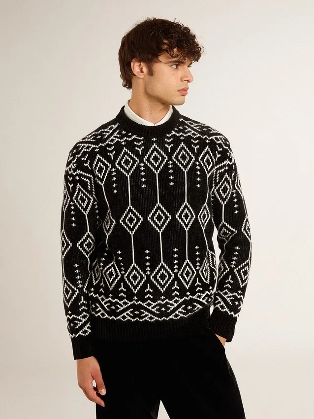 Pull à col rond pour homme en mélange de laine avec motif argyle jacquard