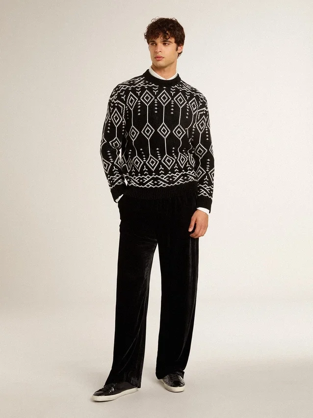 Pull à col rond pour homme en mélange de laine avec motif argyle jacquard