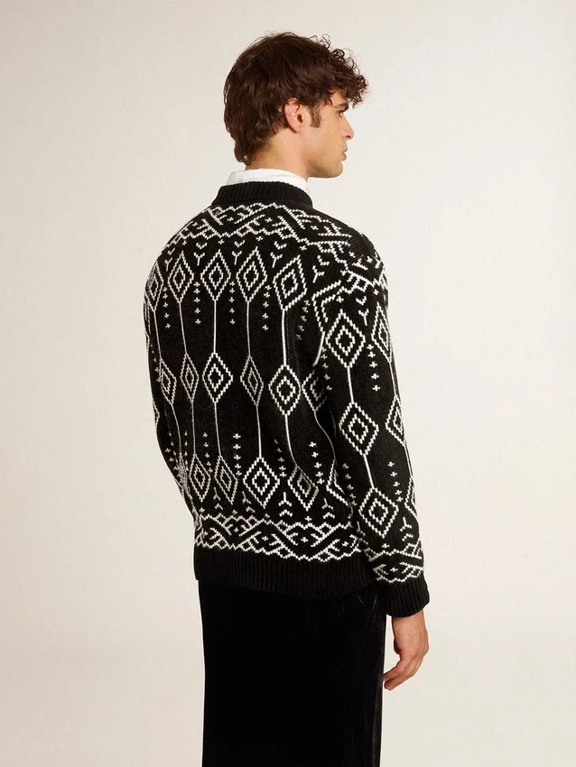 Pull à col rond pour homme en mélange de laine avec motif argyle jacquard