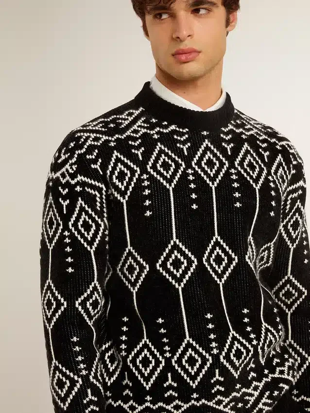 Pull à col rond pour homme en mélange de laine avec motif argyle jacquard