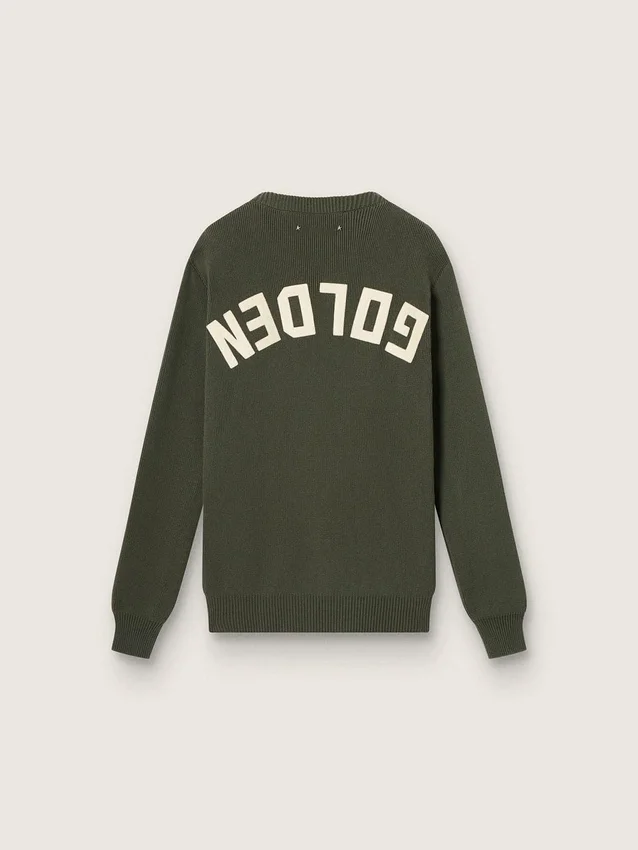 Pull à col rond pour homme, vert militaire, avec inscription « Golden » dans le dos