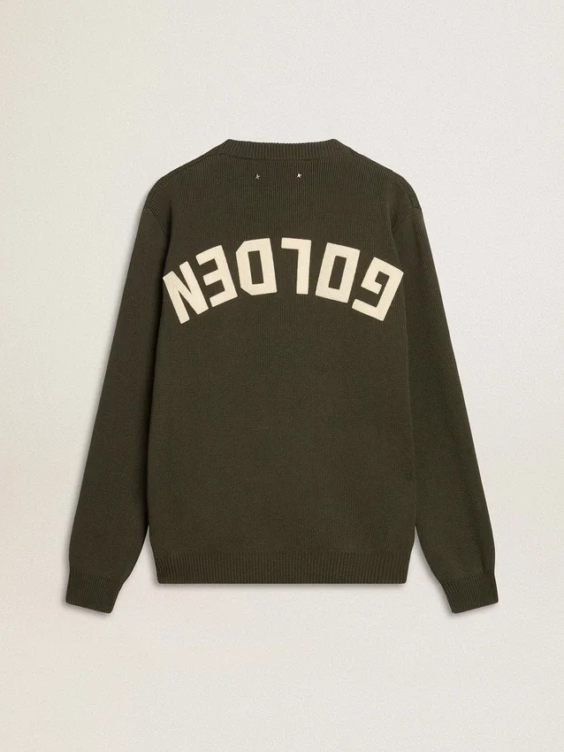 Pull à col rond pour homme, vert militaire, avec inscription « Golden » dans le dos