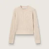 Pull court à col rond en laine beige entièrement orné de cristaux