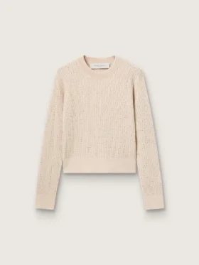 Pull court à col rond en laine beige entièrement orné de cristaux