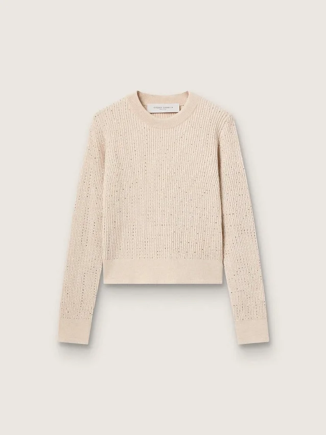 Pull court à col rond en laine beige entièrement orné de cristaux