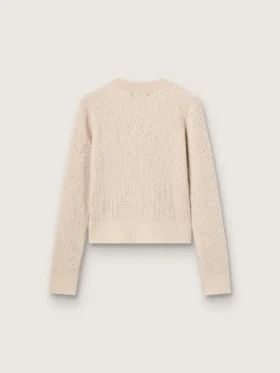 Pull court à col rond en laine beige entièrement orné de cristaux