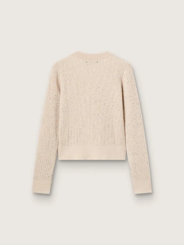 Pull court à col rond en laine beige entièrement orné de cristaux