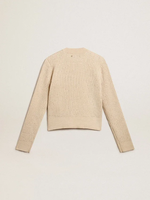 Pull court à col rond en laine beige entièrement orné de cristaux