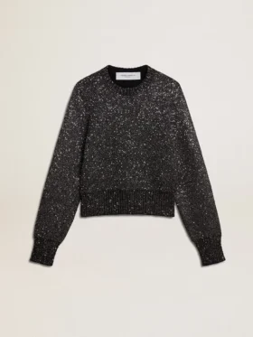 Pull court noir pour femme en mélange de laine, entièrement recouvert de paillettes