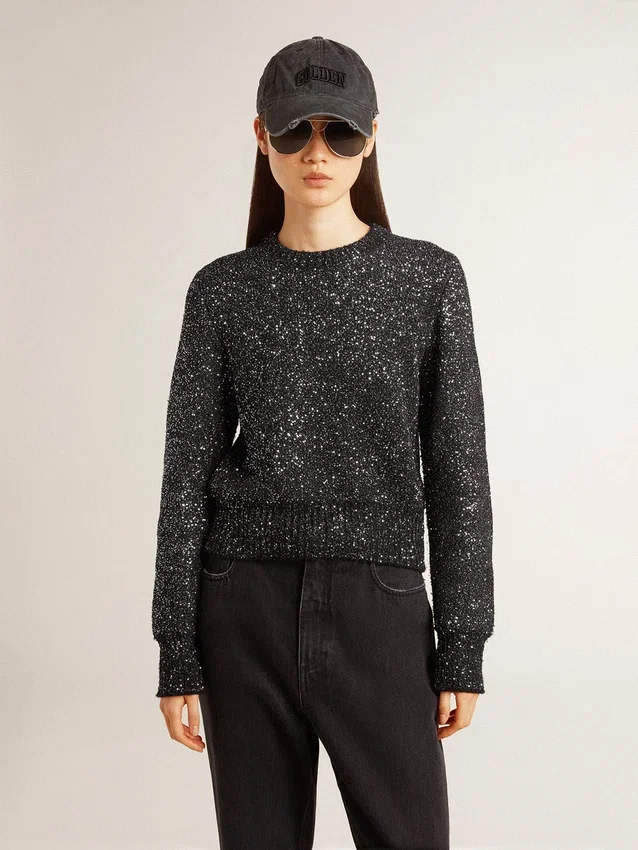 Pull court noir pour femme en mélange de laine, entièrement recouvert de paillettes