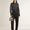 Pull court noir pour femme en mélange de laine, entièrement recouvert de paillettes
