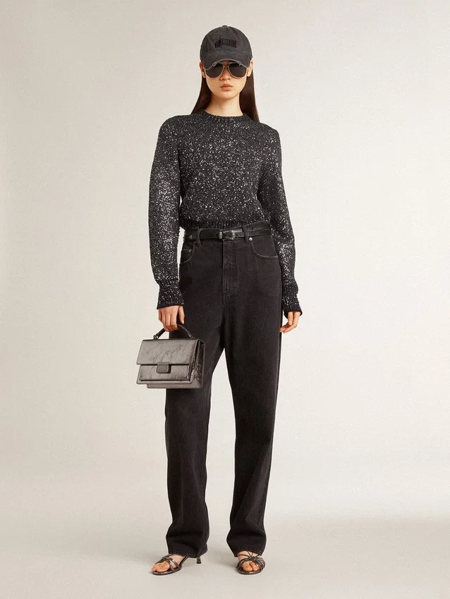 Pull court noir pour femme en mélange de laine, entièrement recouvert de paillettes