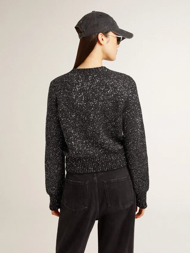 Pull court noir pour femme en mélange de laine, entièrement recouvert de paillettes