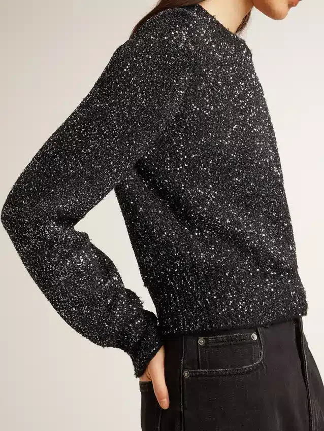 Pull court noir pour femme en mélange de laine, entièrement recouvert de paillettes