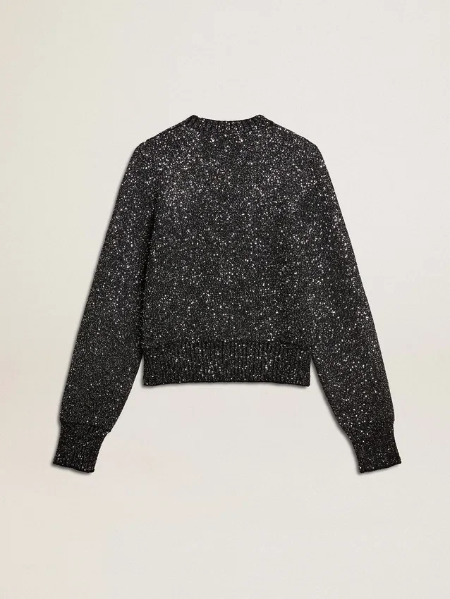 Pull court noir pour femme en mélange de laine, entièrement recouvert de paillettes
