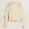 Pull court pour femme, effet « worn-white », orné de cristaux décoratifs