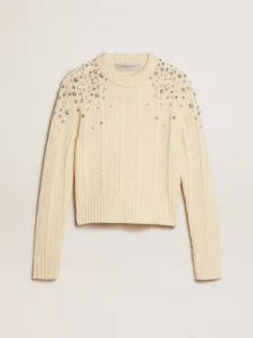 Pull court pour femme, effet « worn-white », orné de cristaux décoratifs