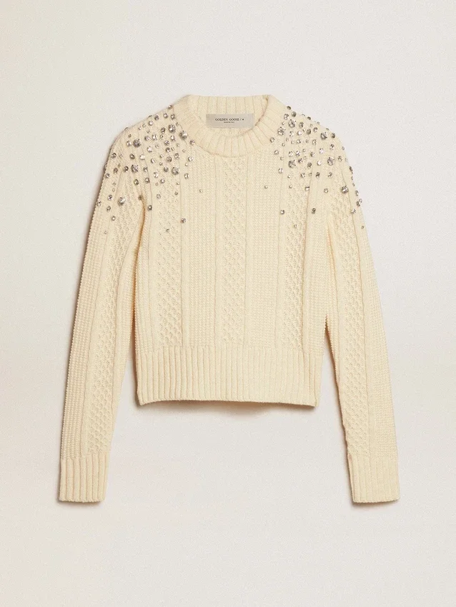 Pull court pour femme, effet « worn-white », orné de cristaux décoratifs